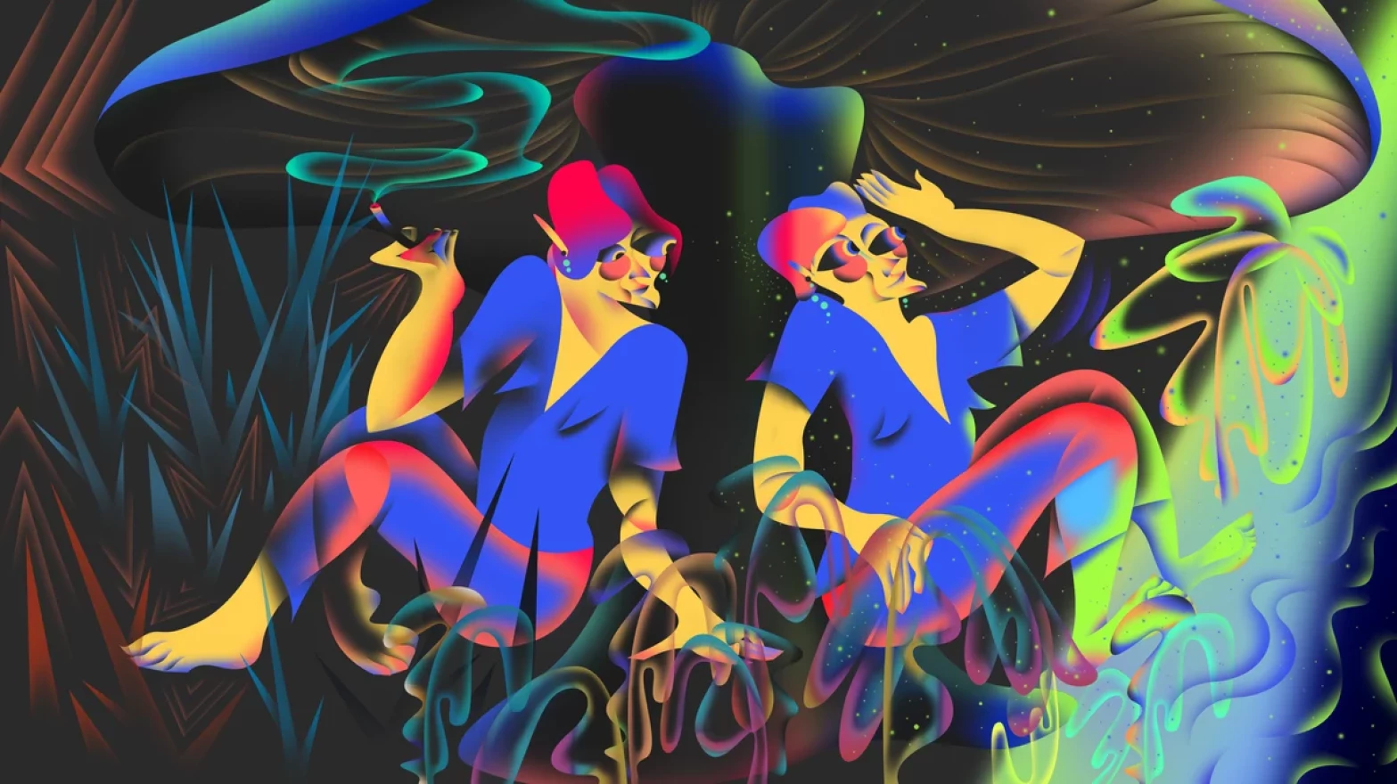 A trippy illustration of two people smoking under a mushroom.